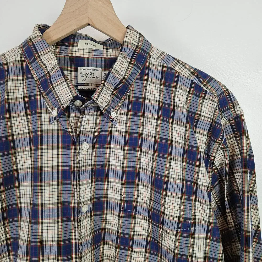 J.Crew Secret Wash Plaid Long Sleeve Button Down Shirt XL Blue Ivory Classic Fit